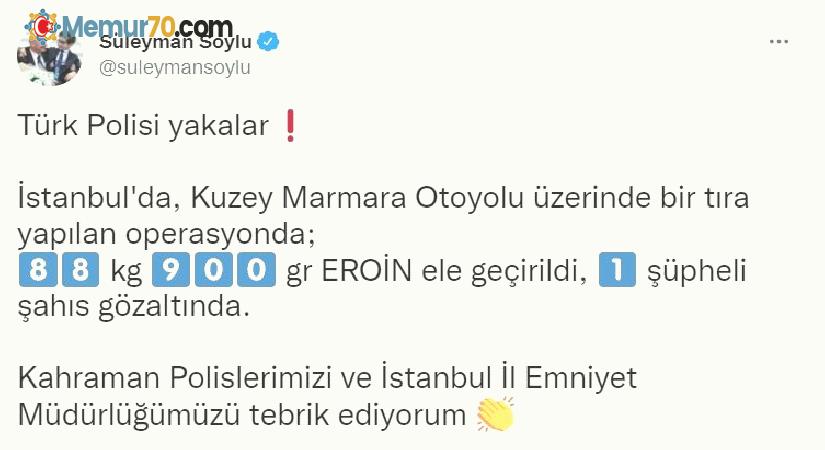 İçişleri Bakanı Soylu, İstanbul’da gerçekleştirilen bir operasyonda 88 kilogramı aşkın eroinin ele geçirildiğini duyurdu