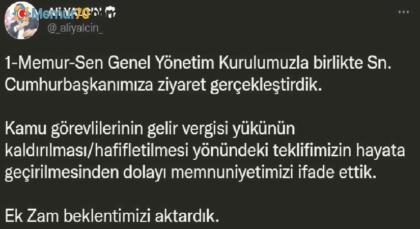 Memur-Sen Başkanı Yalçın: “Cumhurbaşkanımıza, kamu görevlilerine ek zam beklentimizi aktardık”